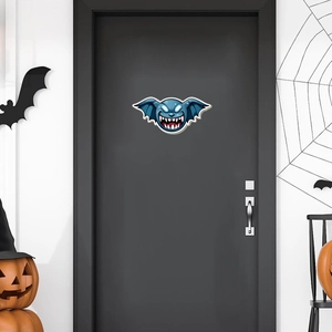 Luminous Halloween monster door sticker glowing in a spooky blue-purple party setting