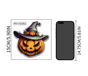 Glow-in-the-dark Halloween pumpkin sticker detail with 15cm size reference beside a phone