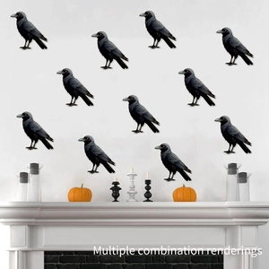 Luminous Halloween crow wall decals with red eyes and glowing feather details on a wall