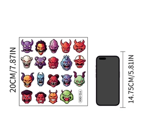 Size comparison of Halloween cartoon monster stickers showing a 20cm scale next to a phone