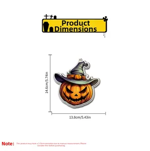 Detailed size chart of Halloween pumpkin pendant with wizard hat and acrylic texture