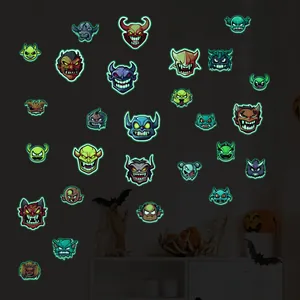 Luminous Halloween cartoon monster stickers glowing green in a dark themed nursery room