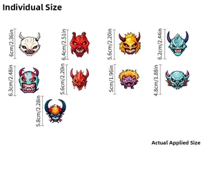 Detailed size chart showing individual Halloween monster stickers and applied dimensions