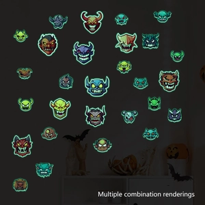 Luminous Halloween stickers with fluorescent cartoon monsters glowing in the dark for decor