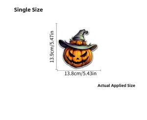 Detailed dimensions of Halloween pumpkin sticker with witch hat showing size specifications