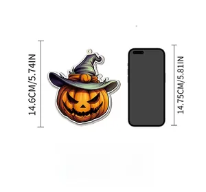 Halloween pumpkin wall decor with witch hat, 14.6cm height compared to a smartphone