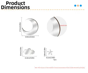 Size chart for moon, cloud and star acrylic mirror wall stickers with detailed dimensions