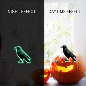 Luminous crow wall stickers showing fluorescent night effect and daytime window decor