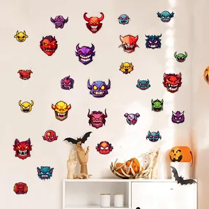 Cartoon monster wall stickers for Halloween decor shown on white walls and furniture