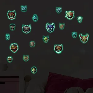 Luminous Halloween monster wall stickers glowing in a dark bedroom setting