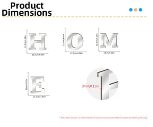 Detailed size chart for silver acrylic HOME mirror wall stickers with 3mm thickness