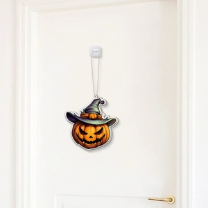Luminous Halloween pumpkin wooden pendant with wizard hat hanging on white door