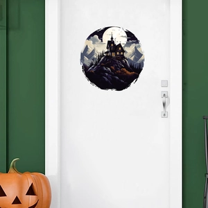 Halloween castle wall sticker with moon and forest design on a white door