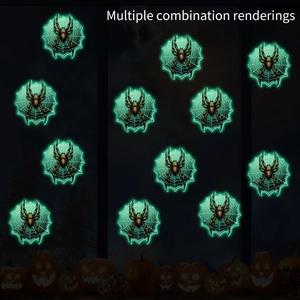 Luminous spider and web Halloween wall stickers showing bright green glow in the dark effect