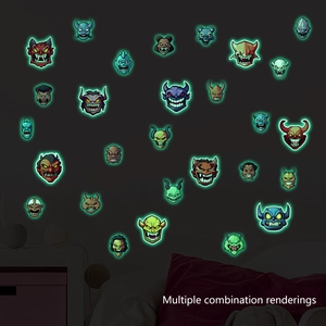 Luminous Halloween cartoon monster wall stickers glowing in a dark bedroom setting