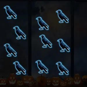 Luminous Halloween crow wall stickers with neon blue glow for window decoration