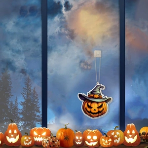 Luminous Halloween pumpkin wizard wall hanging decoration with glowing night sky background