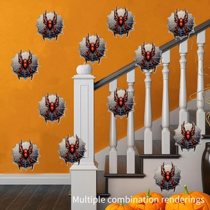 Detail view of red and black spider stickers with spider webs on an orange wall
