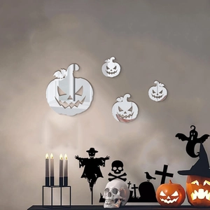 Detailed mirror-finish 3D pumpkin wall stickers set with Jack-o'-lantern Halloween decor