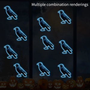 Luminous Halloween crow wall stickers with blue glow effect for dark room decor