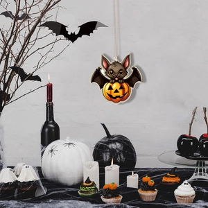 Hanging Halloween decoration featuring a cartoon bat on a pumpkin for festive wall decor