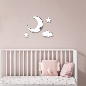 Silver mirror acrylic moon and star wall stickers set for nursery room wall decor
