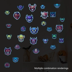 Multiple combination renderings of glow-in-the-dark cartoon monster stickers for Halloween wall decor