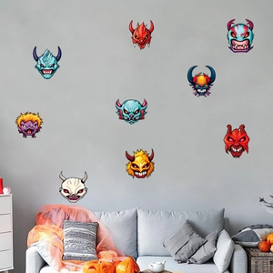 Luminous Halloween wall stickers with colorful cartoon monsters shown in a home setting