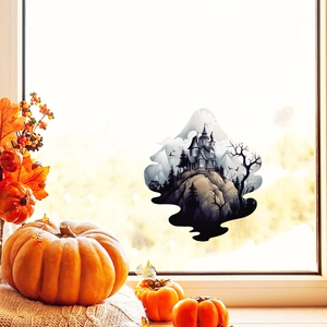 Halloween spooky castle window sticker with gothic dead trees for festive home decoration
