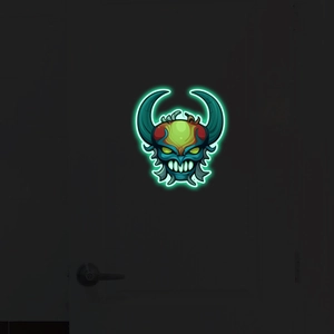 Luminous Halloween monster sticker with glowing cyan edges and horns on dark door