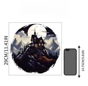Halloween wall sticker 29cm round castle decal shown with a smartphone for scale