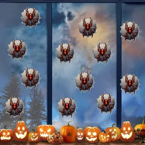 Luminous spider wall stickers for Halloween decor shown on window glass at night