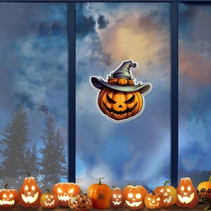 Luminous Halloween pumpkin window sticker with a green wizard hat on a spooky background