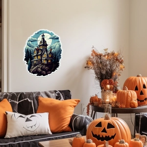 Spooky Halloween castle wall decal set against a full moon on a white living room wall