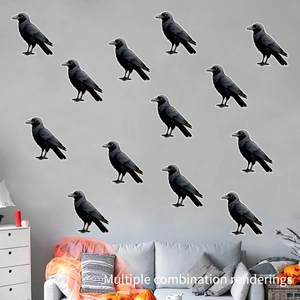 Multiple glowing raven wall stickers arranged on a modern living room wall for Halloween