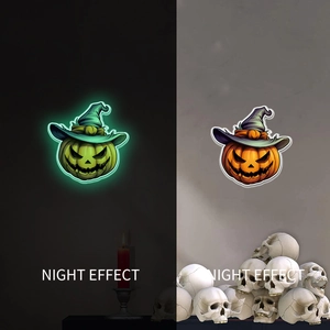 Luminous Halloween pumpkin stickers with glowing night effect and witch hat detail