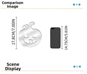 Detailed size comparison of silver mirror acrylic Halloween pumpkin wall sticker next to a phone