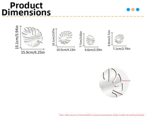 Size chart for 3D monstera leaf acrylic wall stickers showing four sizes and 3mm thickness