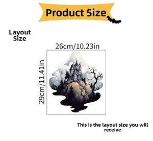 Halloween wall sticker layout showing castle and bats on 26cm x 29cm PVC sheet