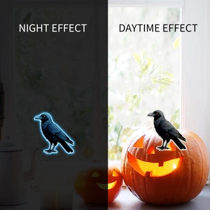 Luminous crow wall stickers showing glowing blue night effect vs black daytime look