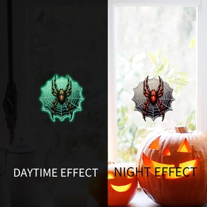 Luminous Halloween spider stickers showing daytime effect vs glowing night effect
