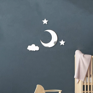 Macro detail of acrylic mirror moon and stars wall stickers on a dark blue textured wall