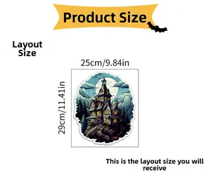 Detailed layout of Halloween haunted castle wall decal sticker measuring 25x29cm