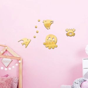Stickers muraux miroir acrylique 3D poisson de l'océan dorés pour chambre d'enfant