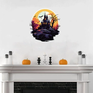 Halloween wall sticker featuring a purple castle and full moon for party decoration