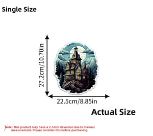 Detailed size specification for Halloween castle wall sticker showing 27.2cm x 22.5cm dimensions