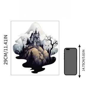 Size comparison of a Halloween gothic castle wall sticker next to a standard smartphone