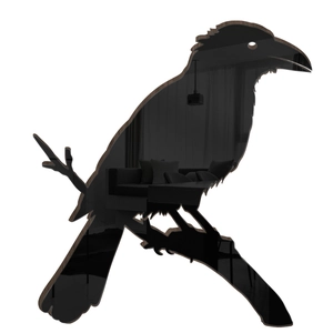 3D crow bird wall mirror with black acrylic surface and wooden texture backing decor