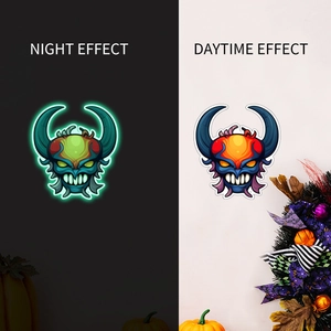 Luminous Halloween devil sticker showing blue horns and glowing effects for night decoration