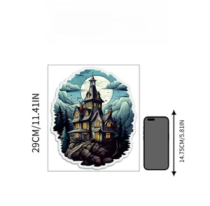 Size comparison of Halloween castle wall sticker showing 29cm height against a smartphone